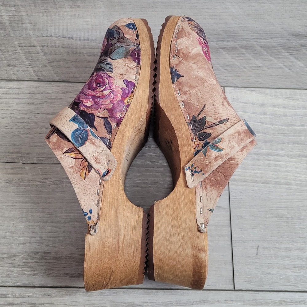 🌸Moheda Sweden Floral Leather Wooden Clogs Women 40 /US 9-9.5 (c-video) - Picture 10 of 16